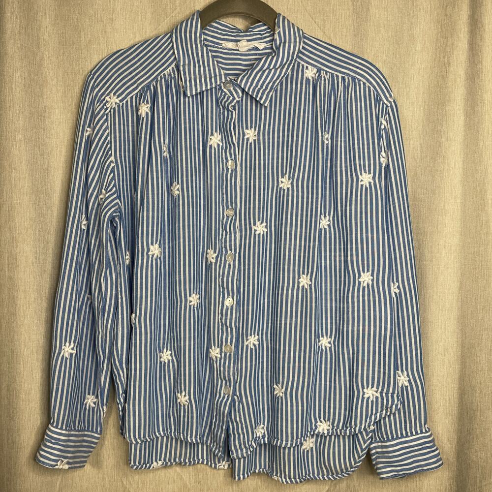 Jane + Delancey Women's M White Blue Striped Rayon Button Up Embroidered Flowers